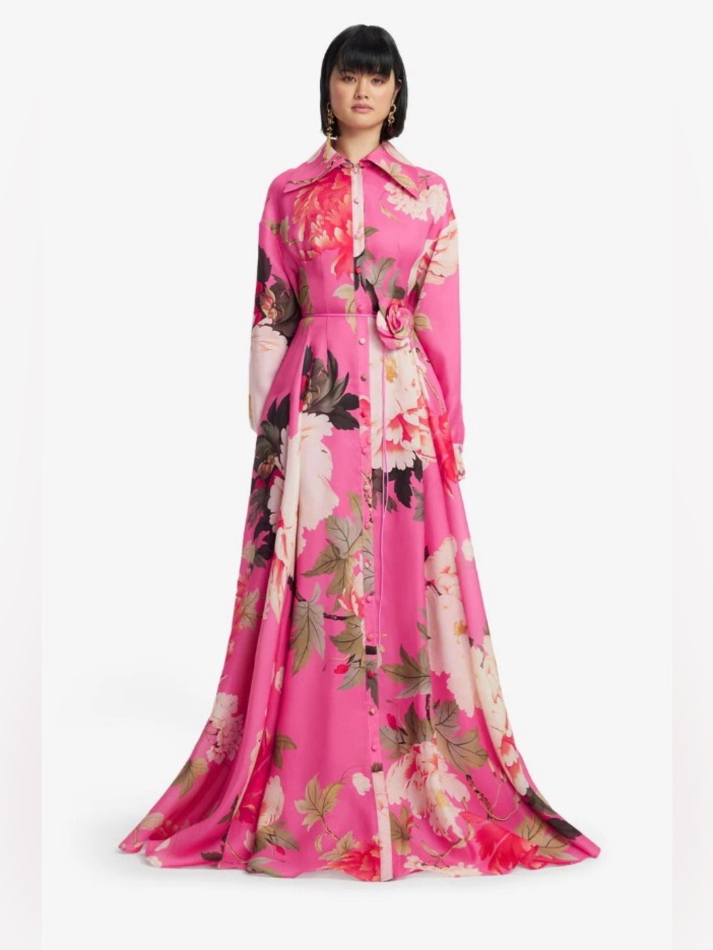 LEO LIN Pink Josephine 100% Silk Floral Print Long Sleeve Maxi Shirt Dress NWOT
